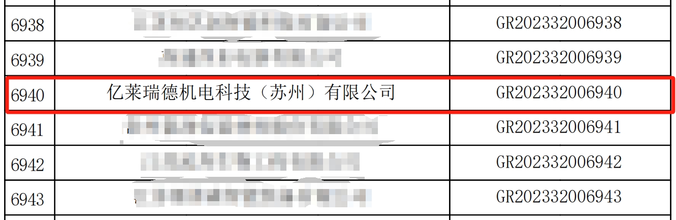 億萊瑞德成功入選江蘇省2023年認(rèn)定報(bào)備的第一批高新技術(shù)企業(yè)備案名單